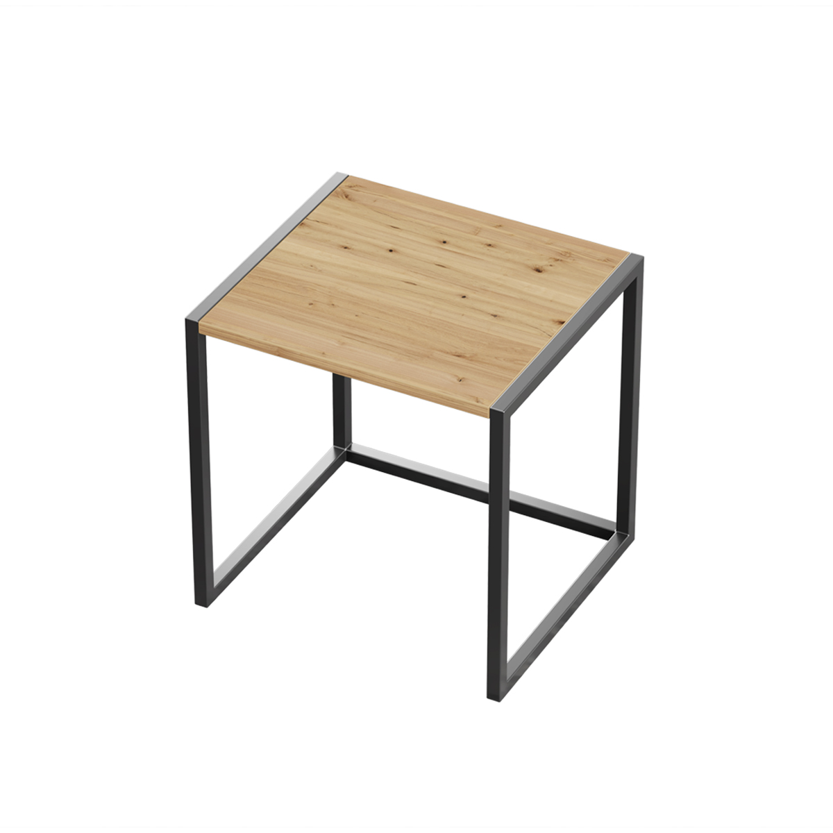Minimalistický noční stolek s dřevěnou deskou a černou kovovou konstrukcí.