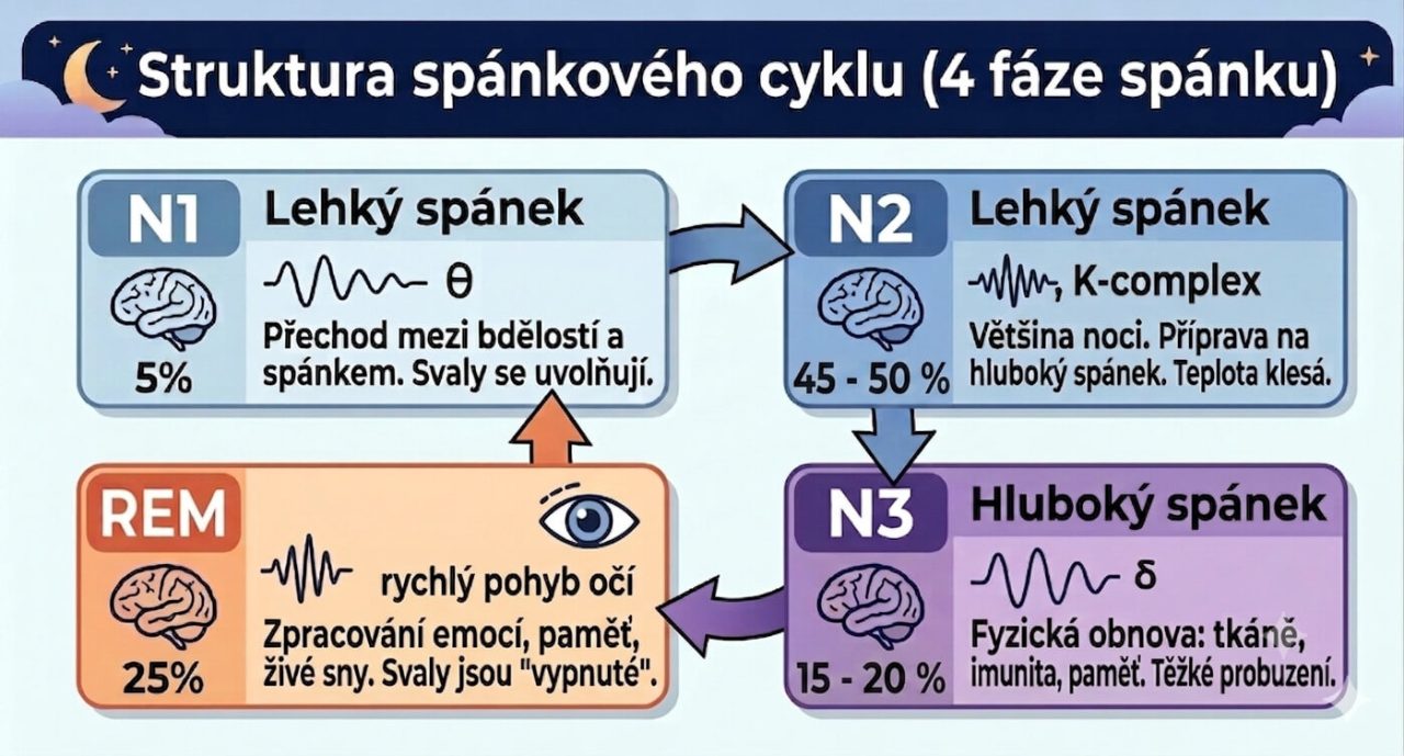 Infografika znázorňující strukturu spánkového cyklu s fázemi N1, N2, N3 a REM.