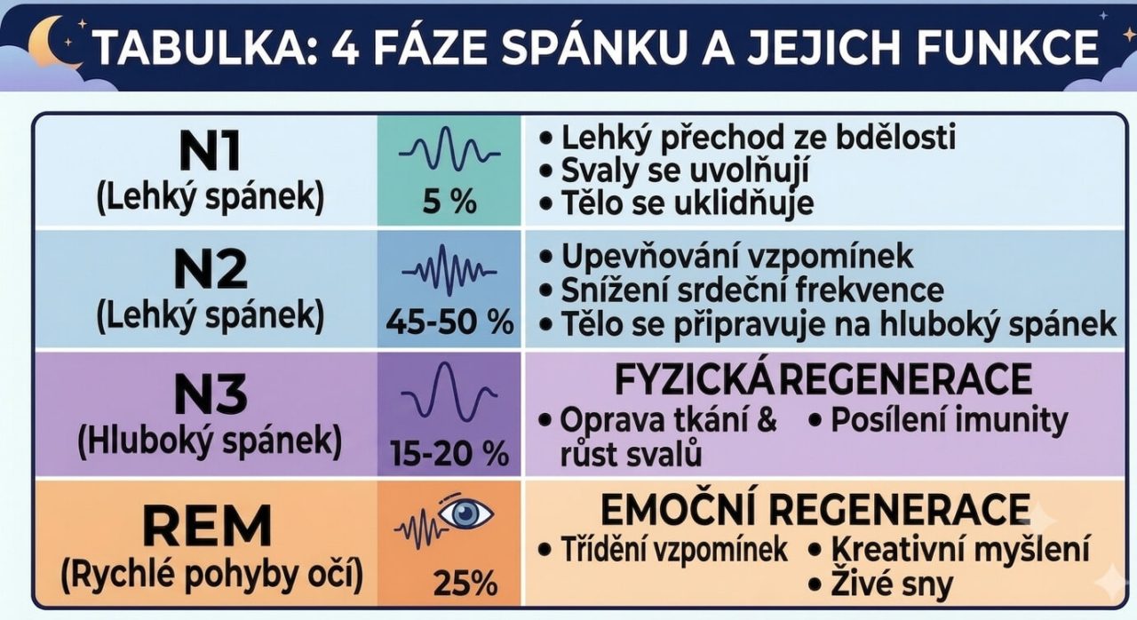 Tabulka zobrazující funkce jednotlivých fází spánku včetně lehkého, hlubokého a REM spánku.