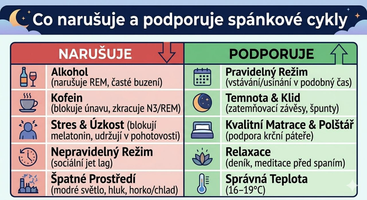 Infografika porovnávající faktory, které podporují nebo narušují spánkové cykly a kvalitu spánku.